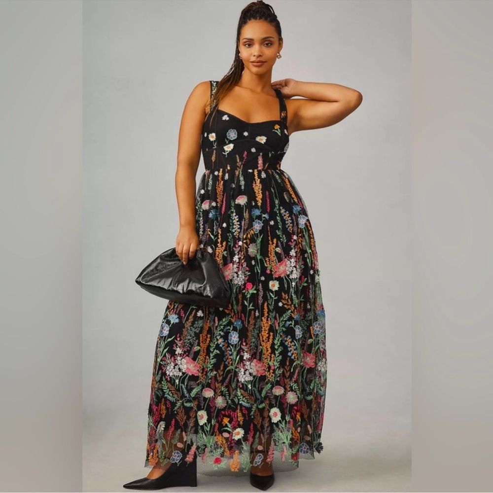 Anthropologie Sheer Floral Embroidered Mesh Midi Dress